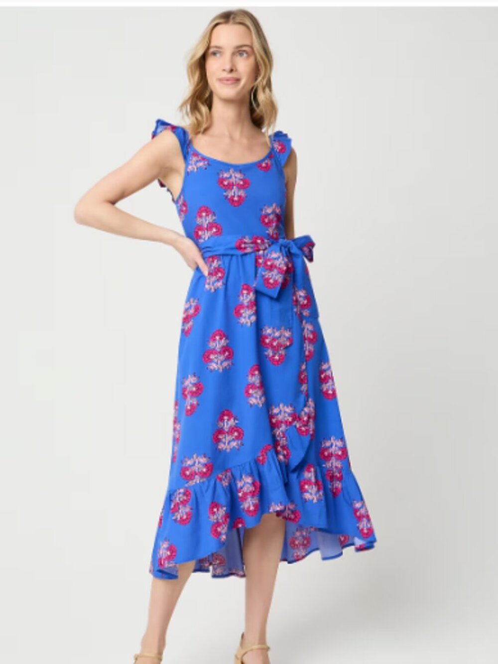 Women's Blue Floral Midi Dress Ruffle Strap Tie Waist Hi-Low Hem Sleeveless - 10
